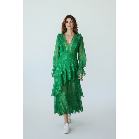 ASOS Dresses & Skirts - ASOS Dark Pink emerald green maxi dress with asymmetric ruffle/fringe sz 8